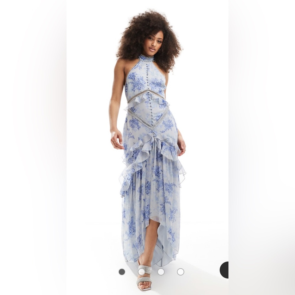 lace insert halter tiered maxi dress with circle trim in vintage floral print